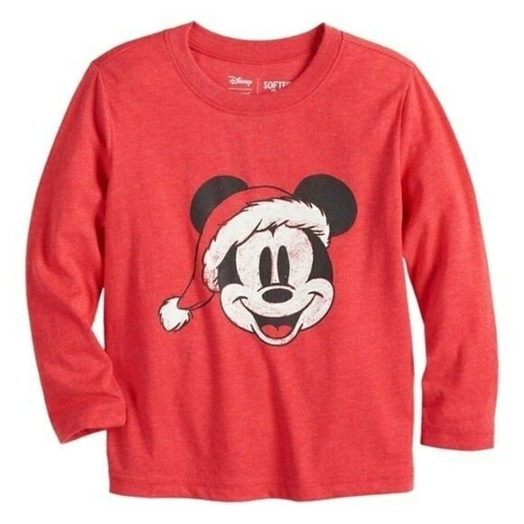 New! Disney Mickey Mouse Santa Hat Christmas Holiday Tee Long Sleeve Shirt Top - Picture 1 of 9